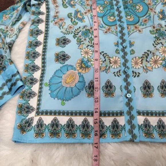 NWT Rachel Zoe Blue Floral Button Front Long Sleeve Blouse Women's Size Medium - Picture 10 of 12